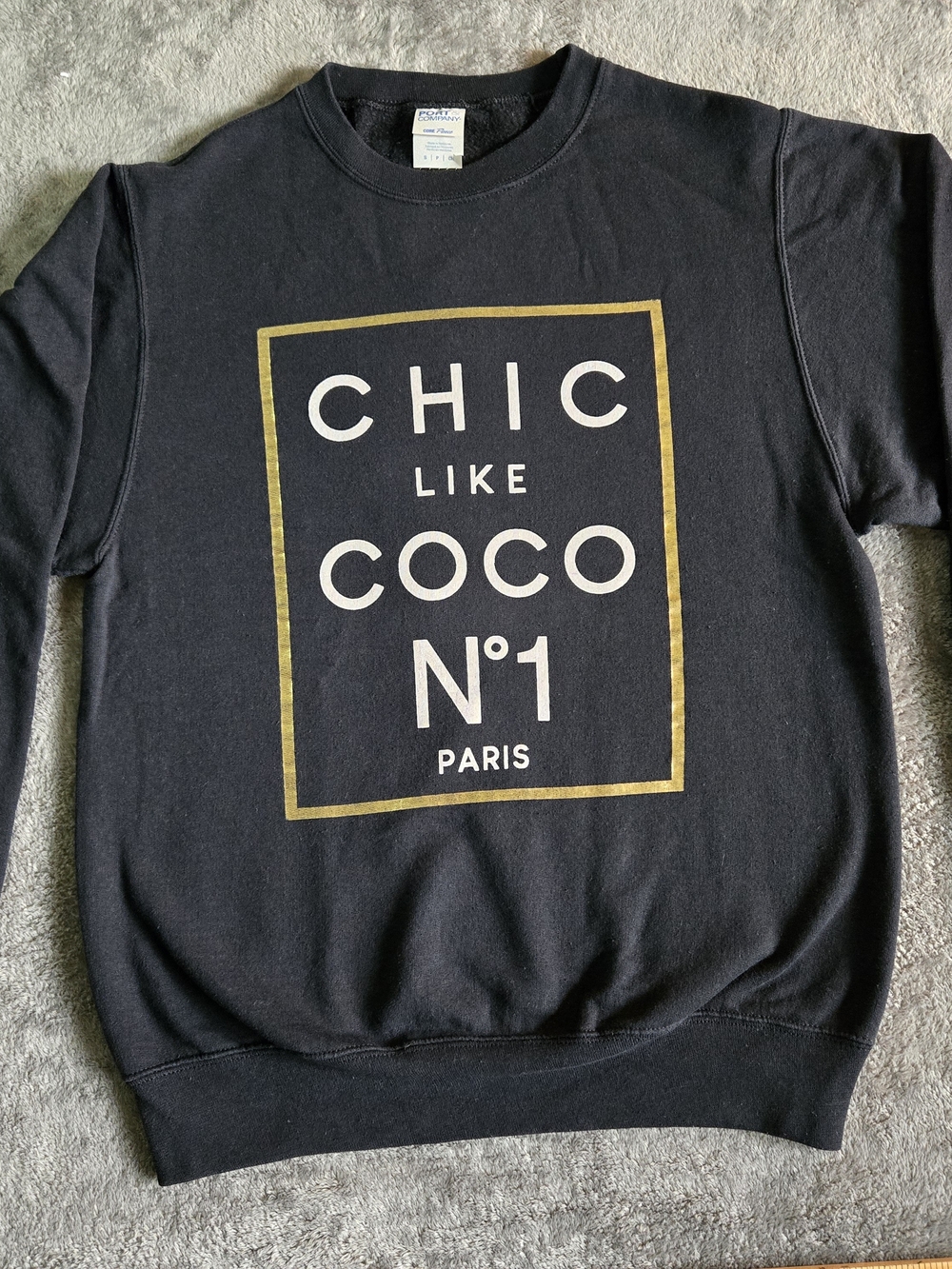Port and Company Black Crewneck Sweatshirt with Gold Box Graphic